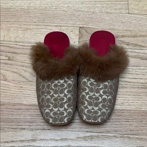Coach Slippers Logo Pattern with Faux Fur RARE